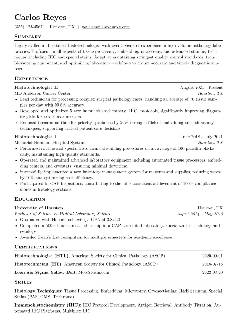 Histotechnologist Resume Example CV template preview