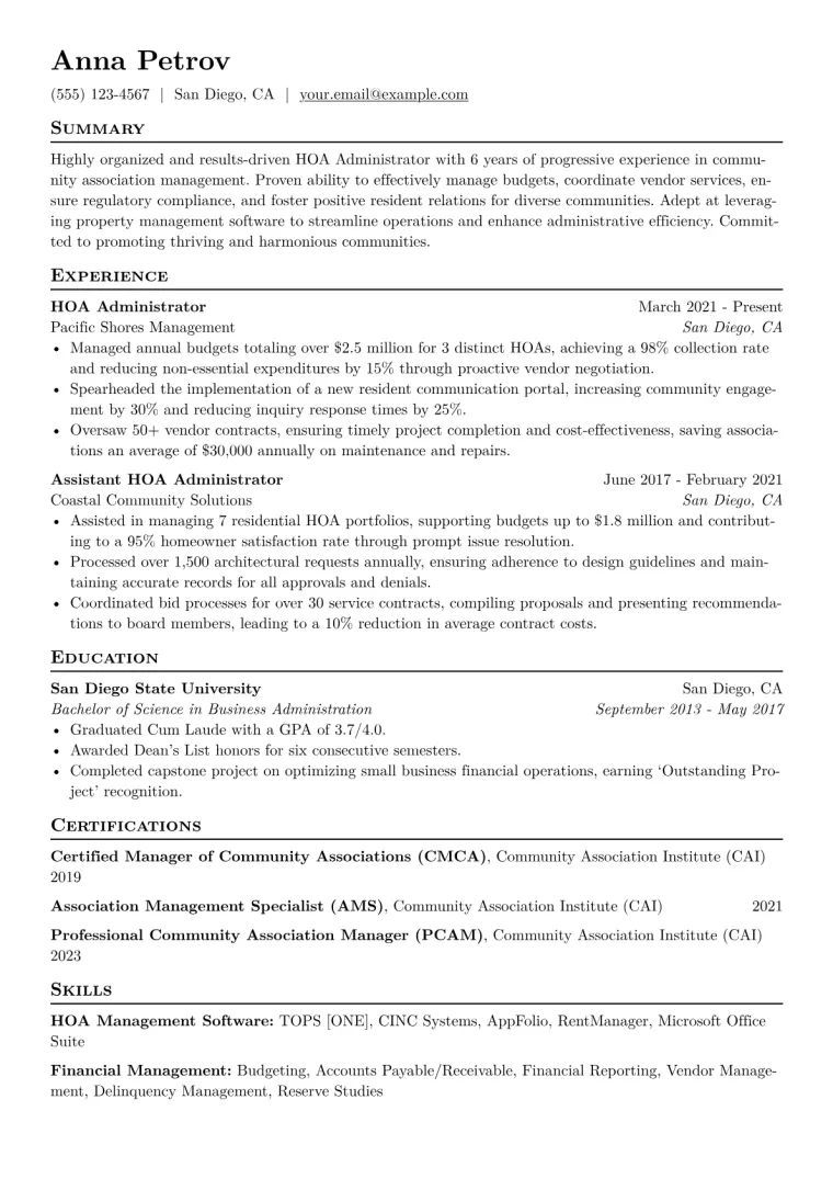 HOA Administrator Resume Example CV template preview