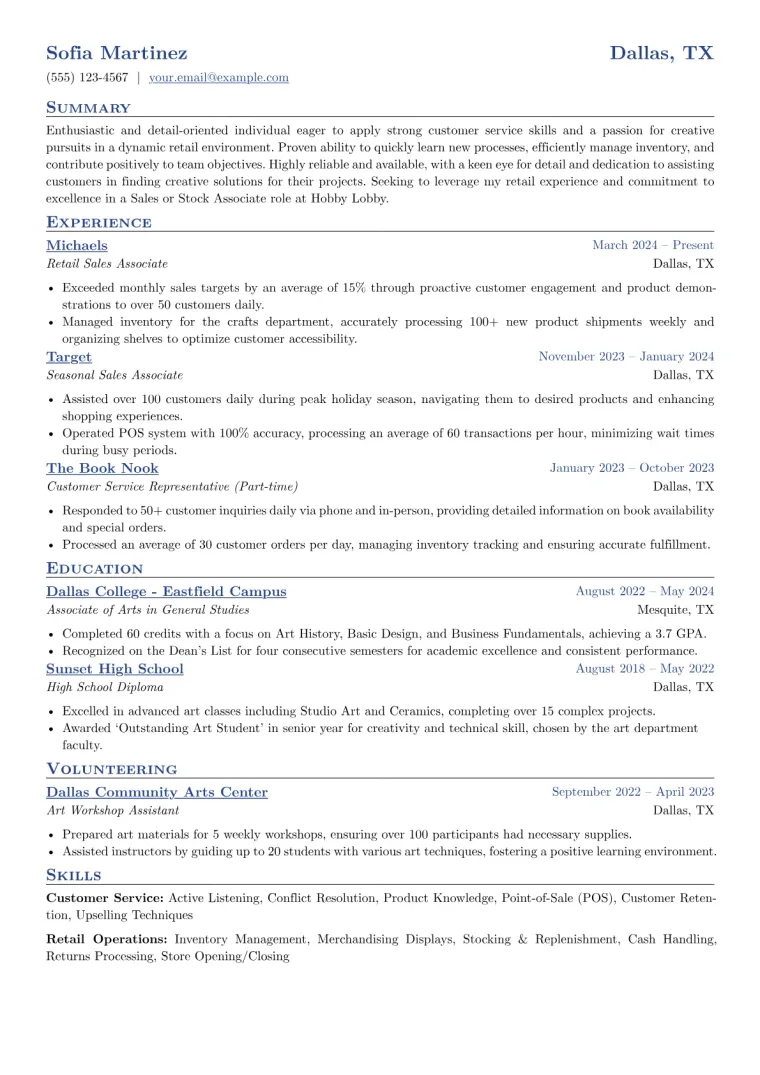 Hobby Lobby Resume Example preview