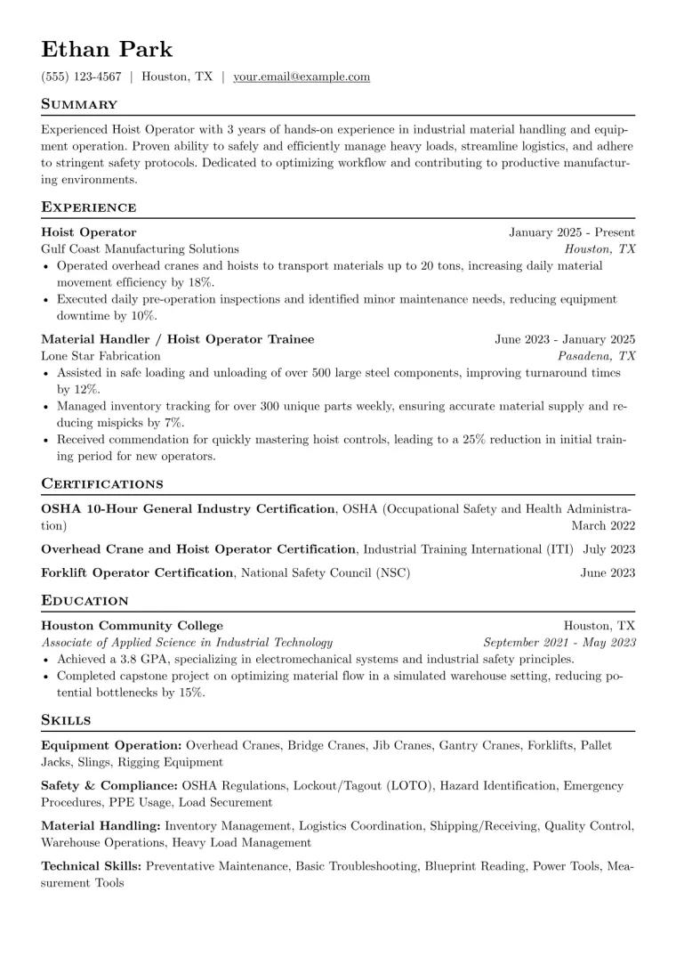 Hoist Operator Resume Example CV template preview