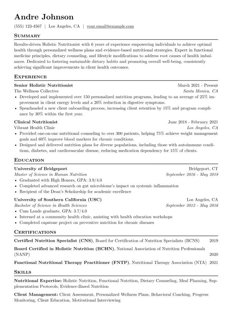 Holistic Nutritionist Resume Example CV template preview
