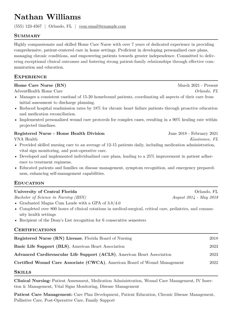 Home Care Nurse Resume Example CV template preview
