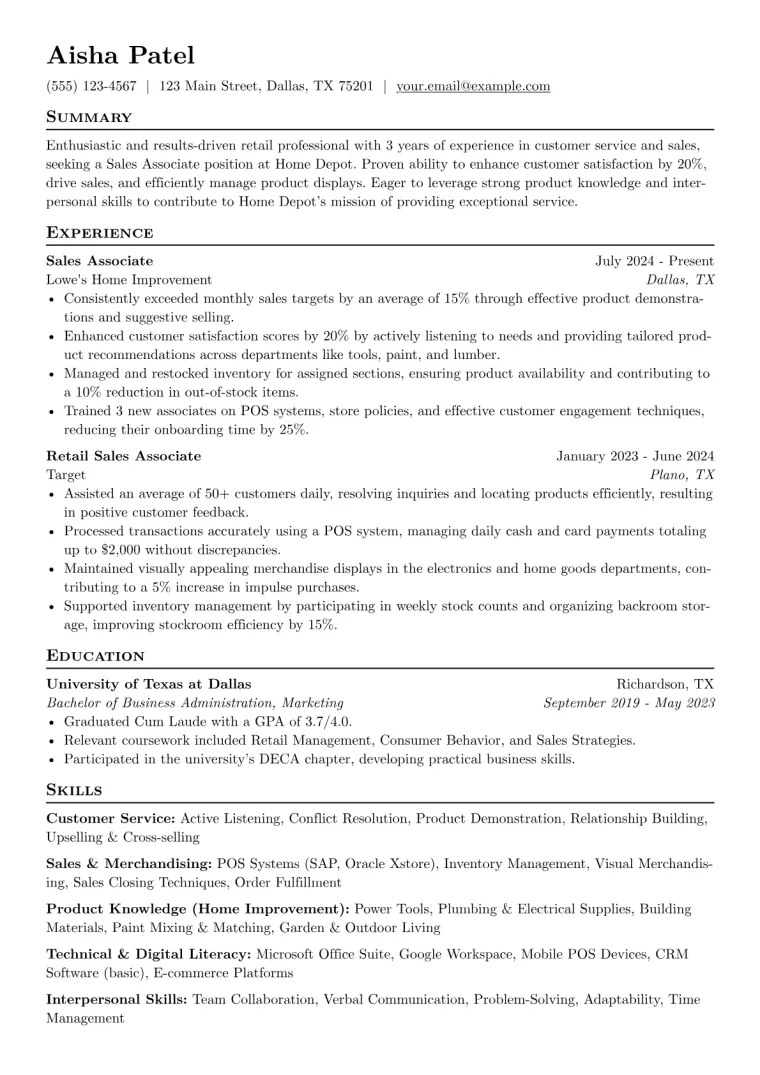 Home Depot Resume Example preview