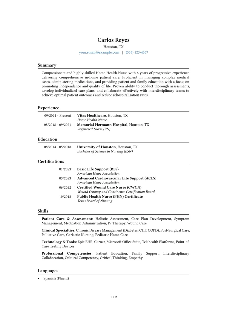 Home Health Nurse Resume Example CV template preview