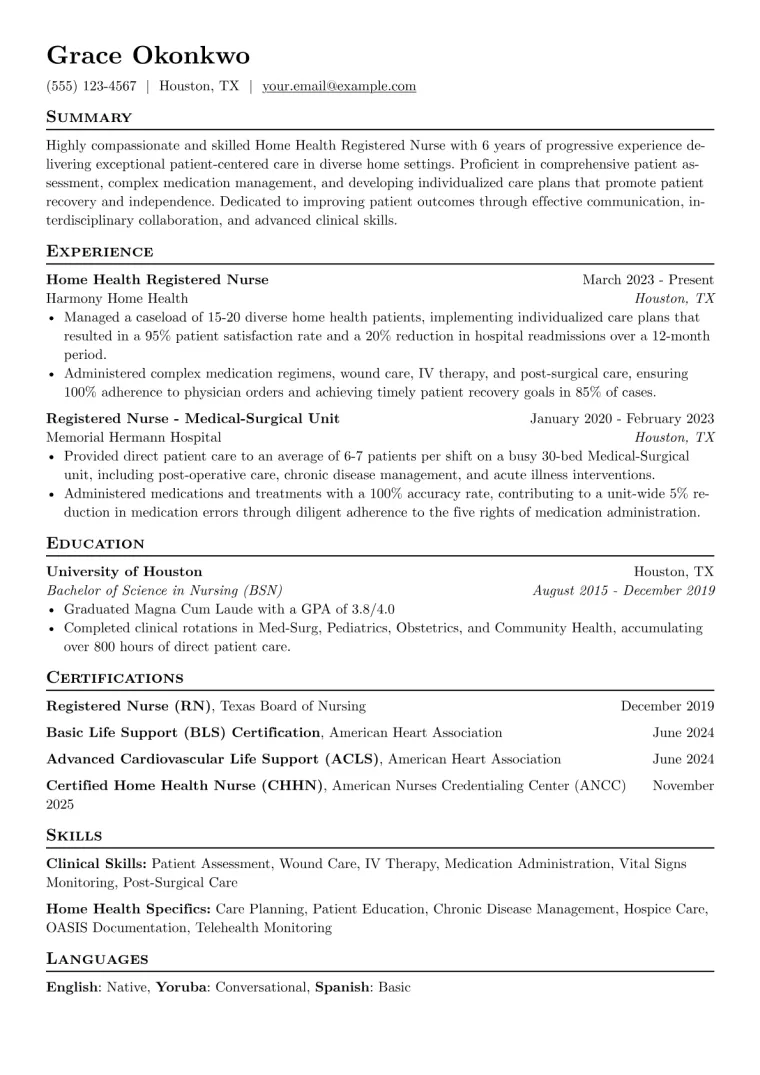 Home Health Registered Nurse Resume Example CV template preview