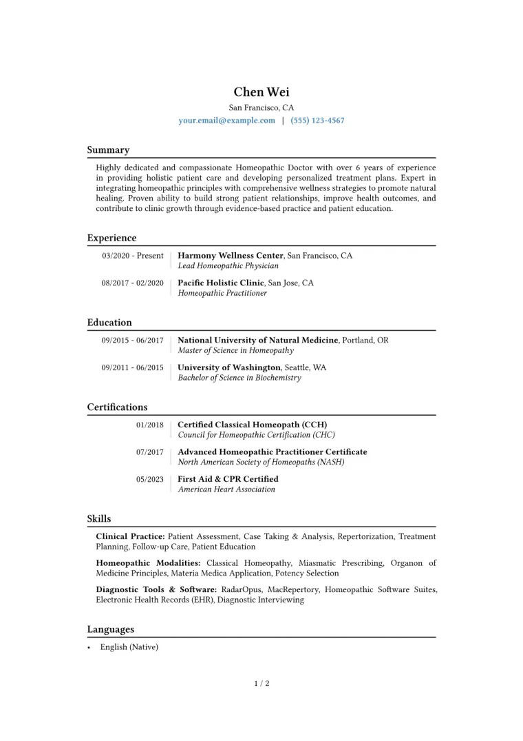 Homeopathic Doctor Resume Example CV template preview