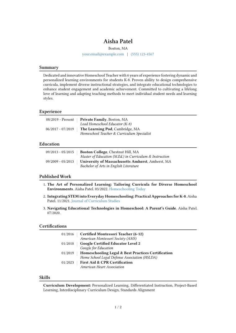 Homeschool Teacher Resume Example CV template preview