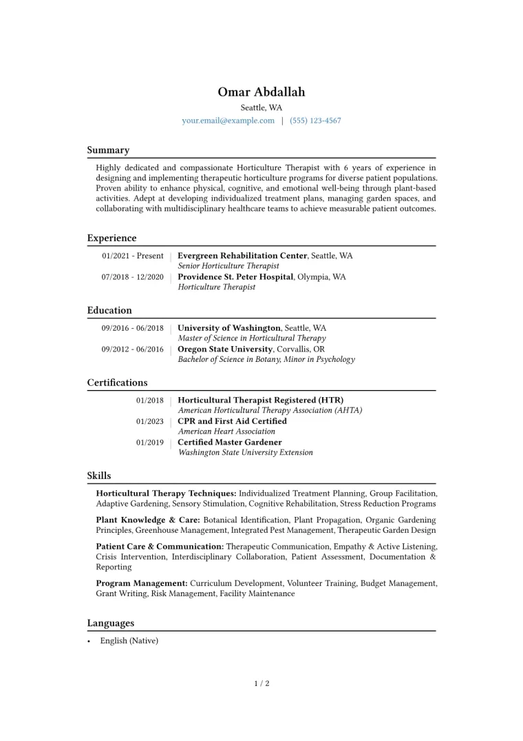 Horticulture Therapist Resume Example CV template preview