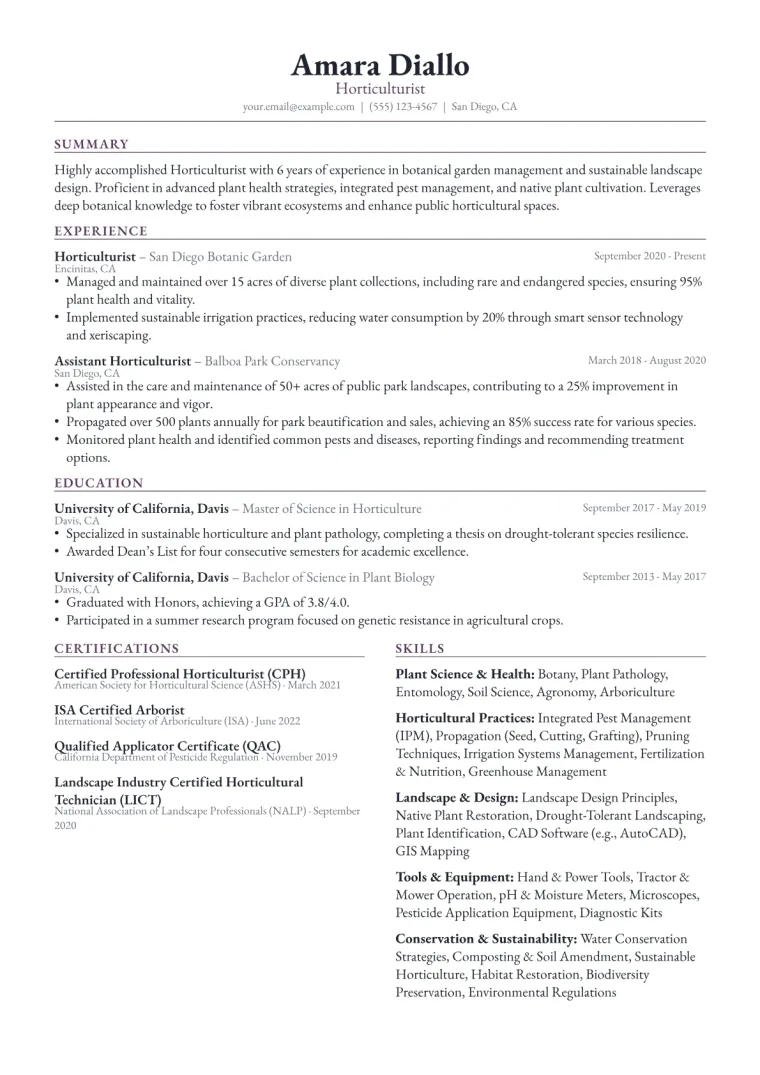 Horticulturist Resume Example CV template preview