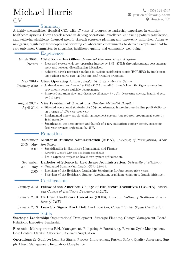 Hospital CEO Resume Example CV template preview
