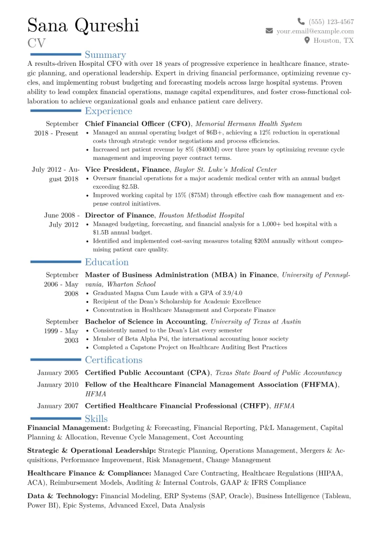 Hospital CFO Resume Example CV template preview