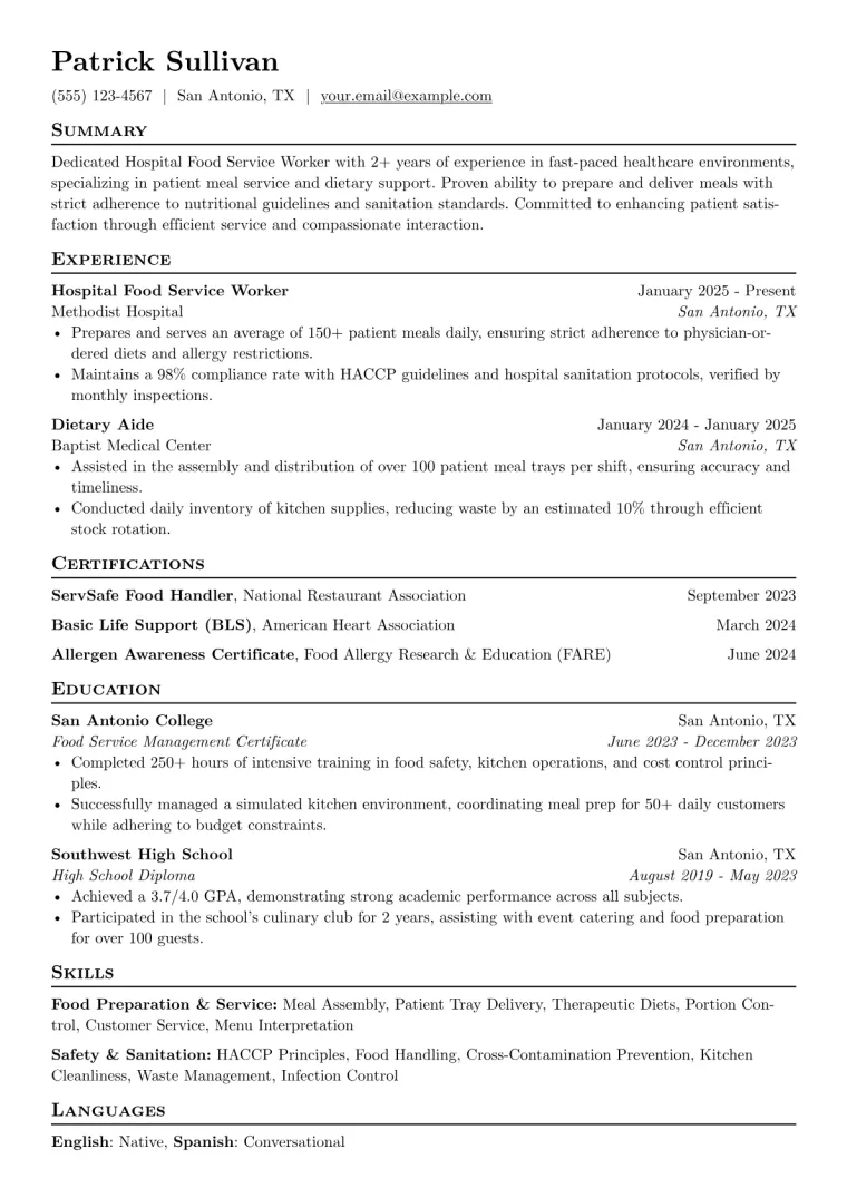 Hospital Food Service Worker Resume Example CV template preview