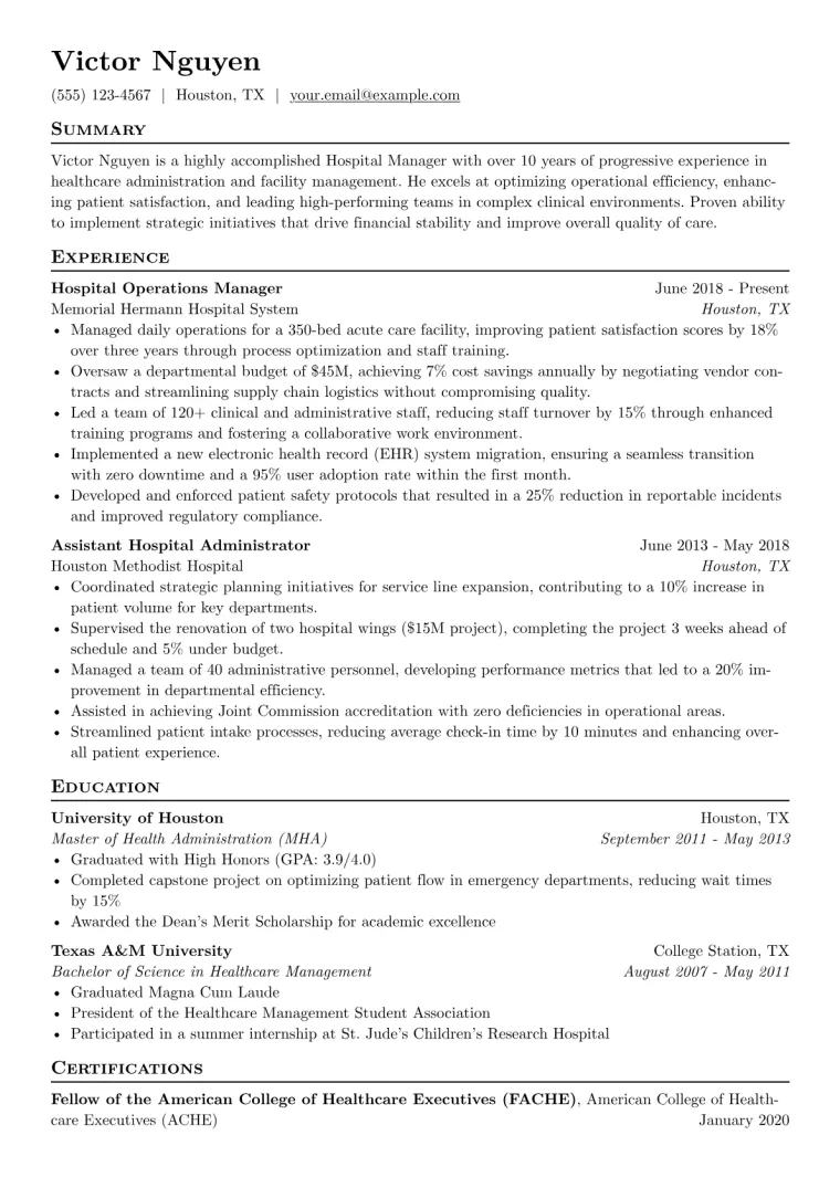 Hospital Manager Resume Example CV template preview