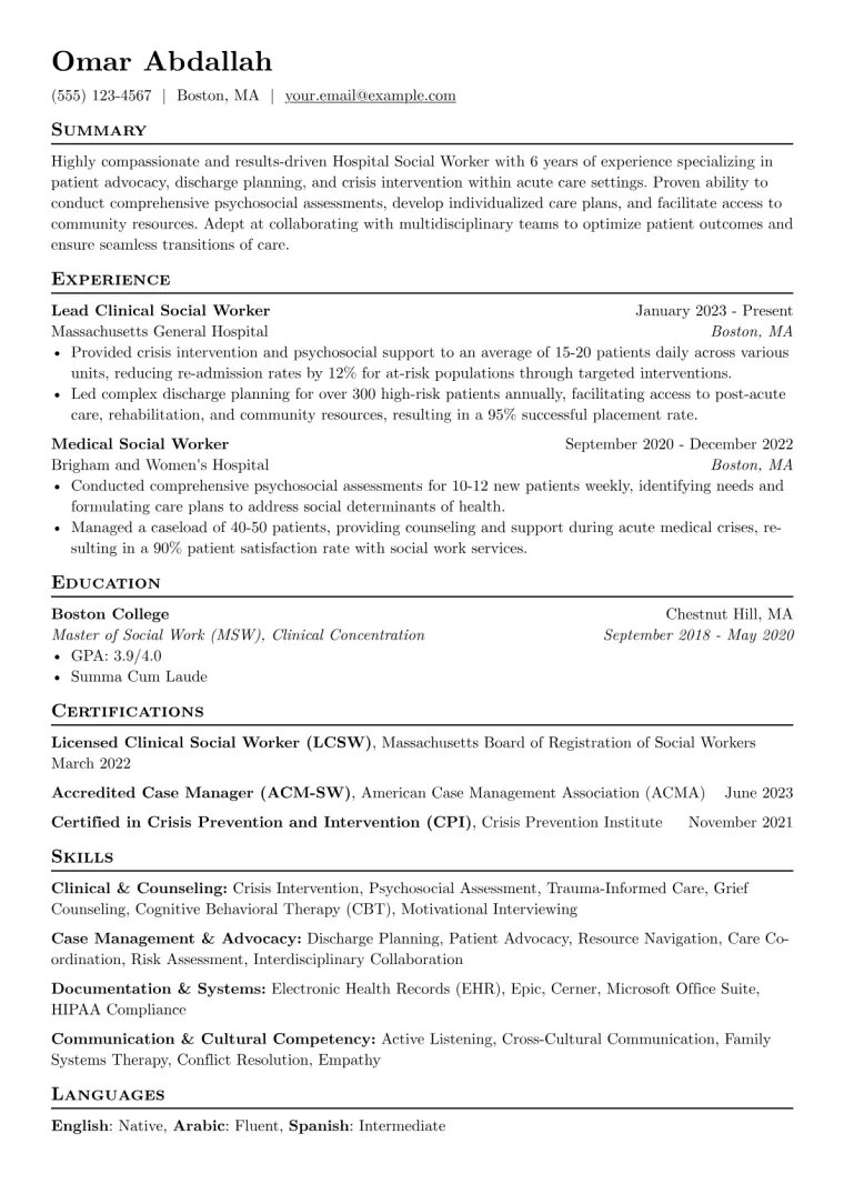 Hospital Social Worker Resume Example preview