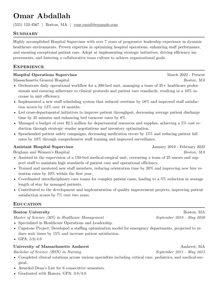 Hospital Supervisor Resume Example CV template preview