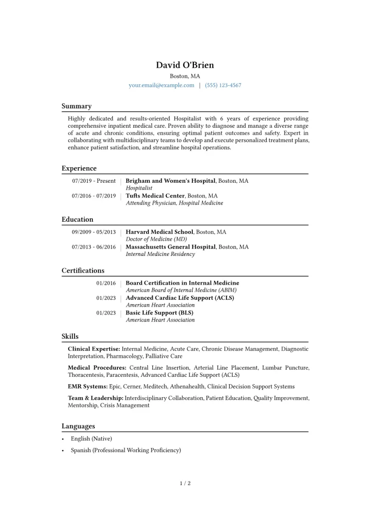 Hospitalist Resume Example CV template preview