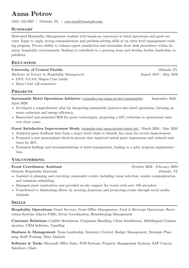 Hospitality Management Student Resume Example CV template preview