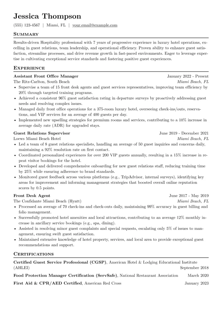Hospitality Resume Example CV template preview