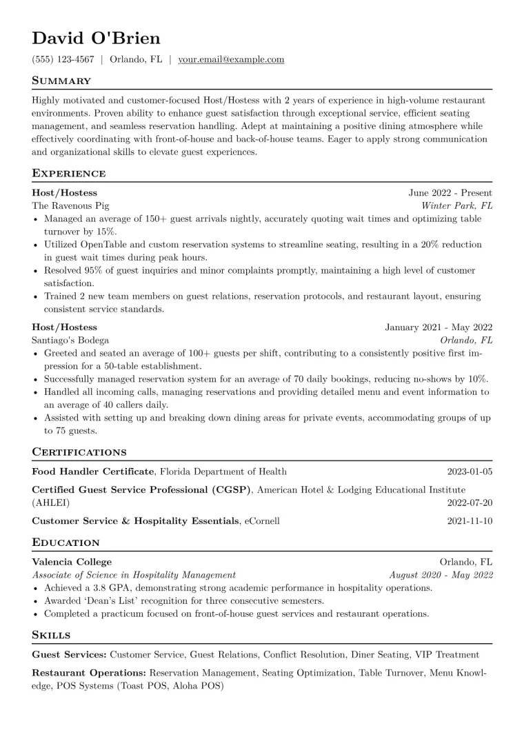 Host/Hostess Resume Example CV template preview