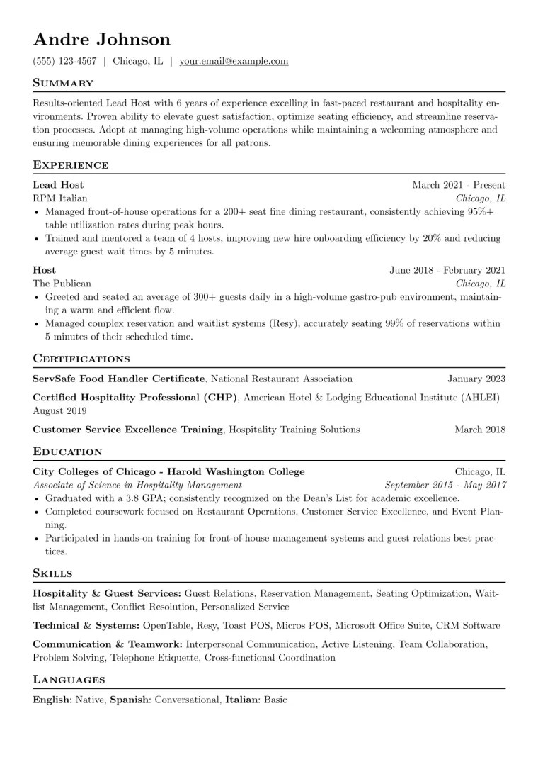 Host Resume Example CV template preview