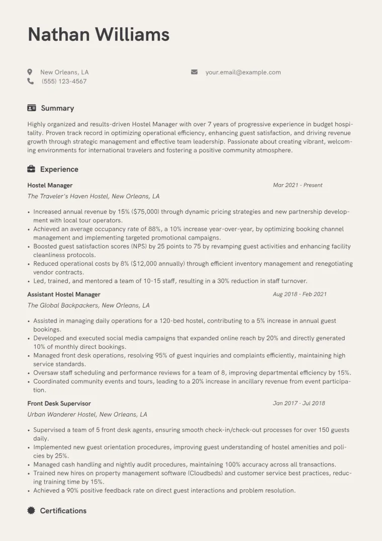 Hostel Manager Resume Example CV template preview