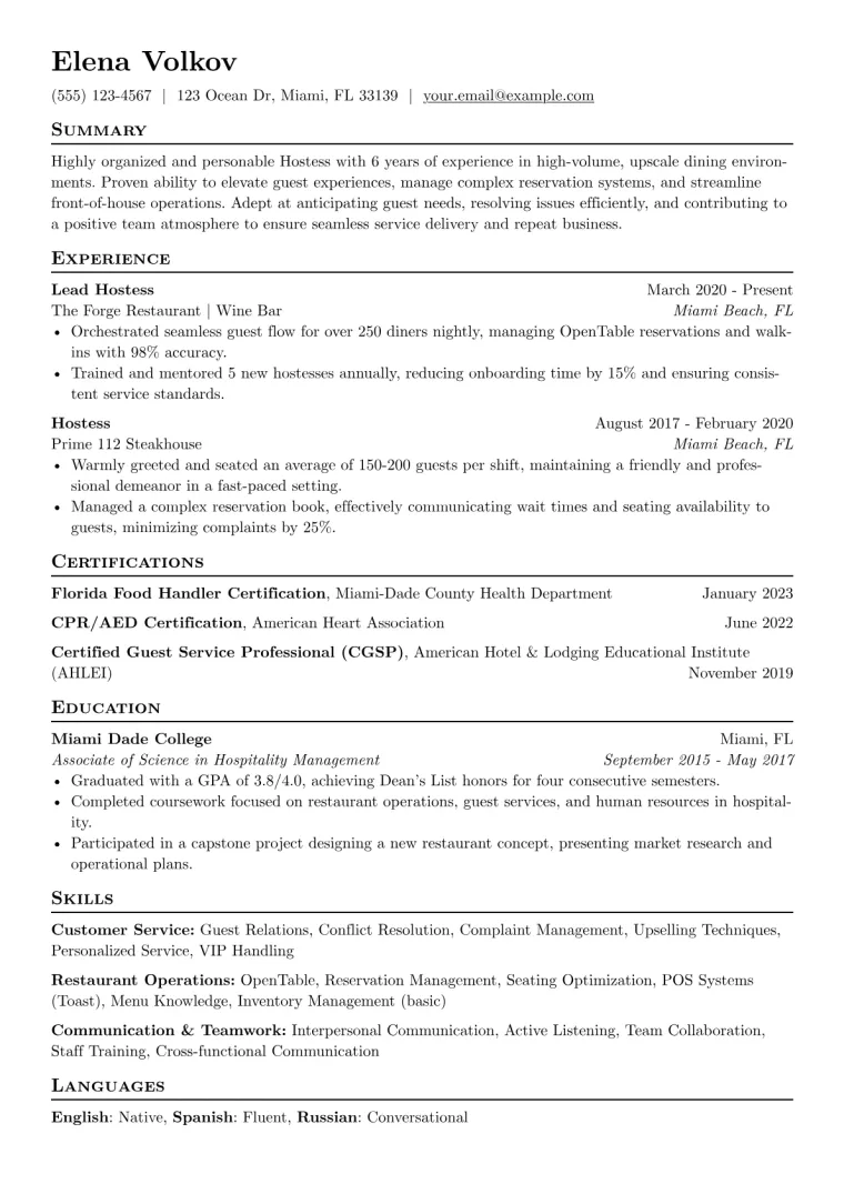 Hostess Resume Example CV template preview