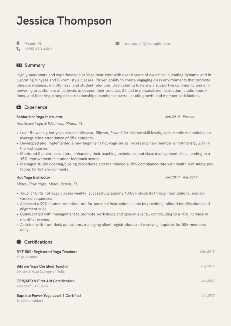 Hot Yoga Instructor Resume Example CV template preview