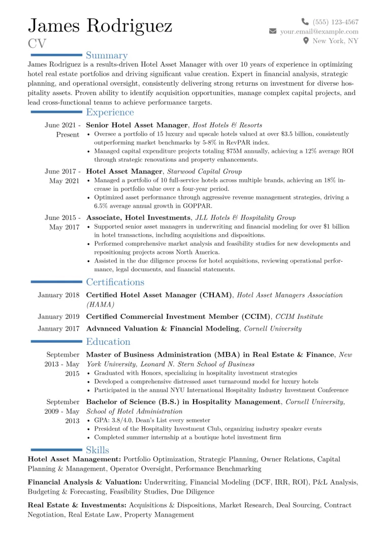 Hotel Asset Manager Resume Example CV template preview