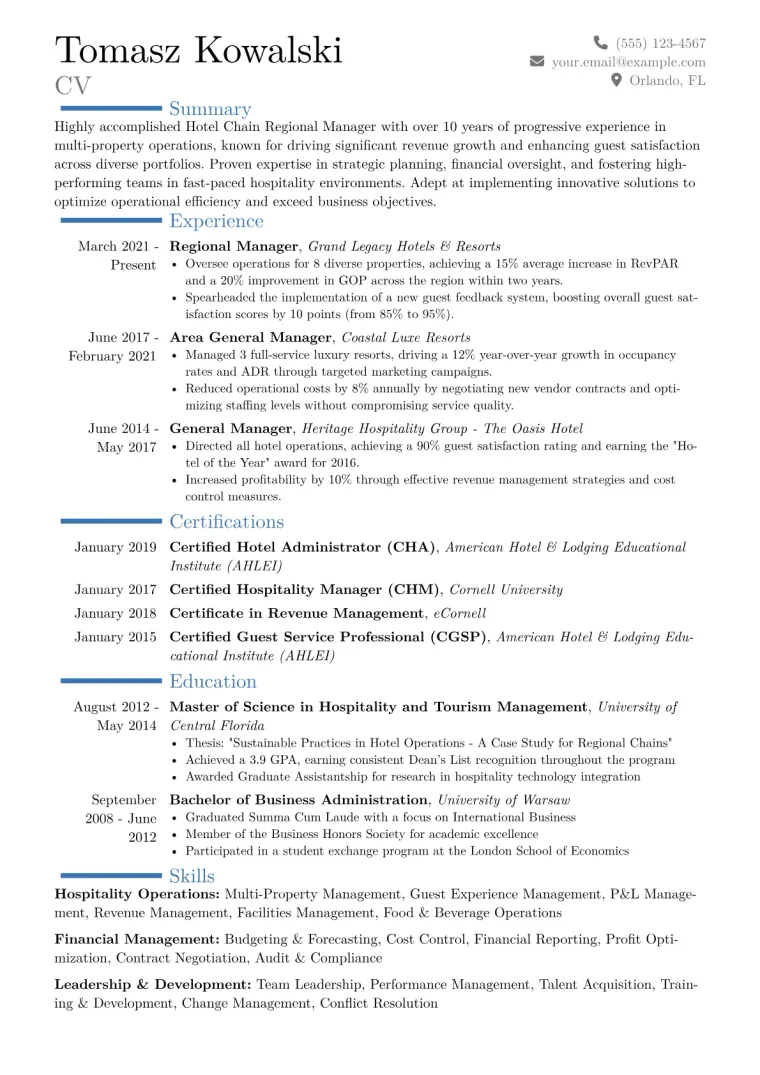Hotel Chain Regional Manager Resume Example CV template preview