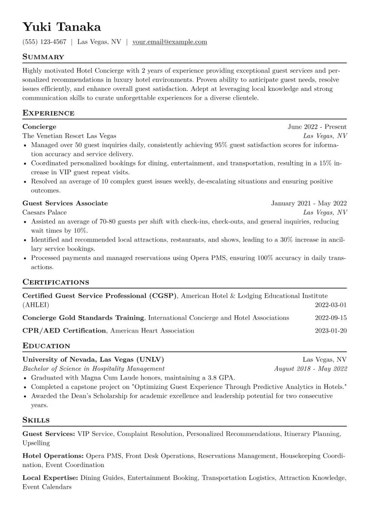 Hotel Concierge Resume Example CV template preview
