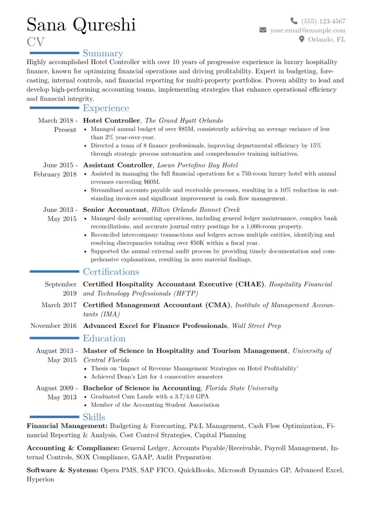 Hotel Controller Resume Example CV template preview