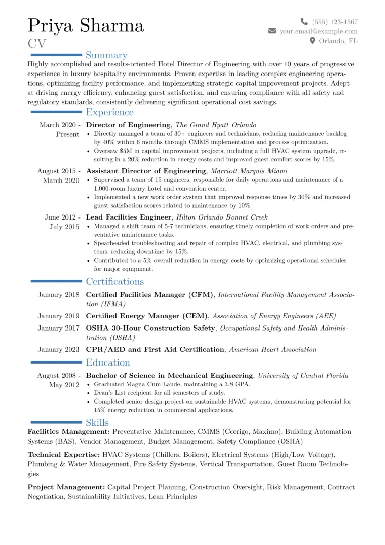 Hotel Director of Engineering Resume Example CV template preview