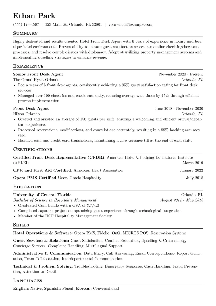 Hotel Front Desk Agent Resume Example CV template preview