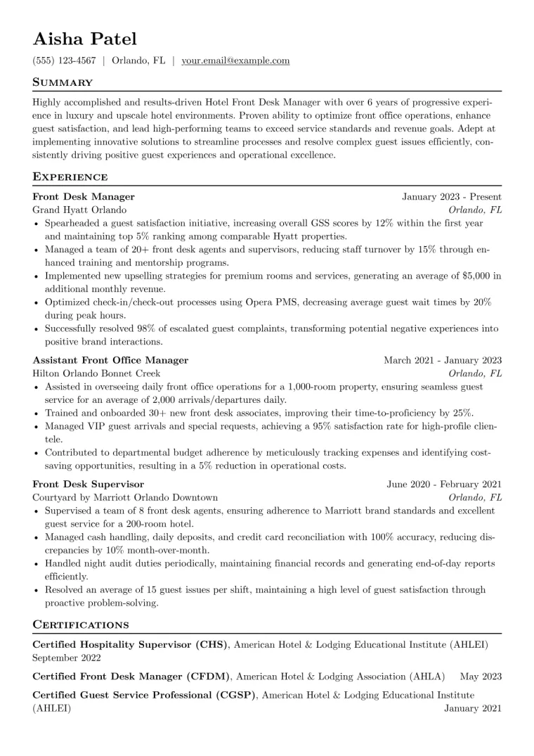 Hotel Front Desk Manager Resume Example CV template preview