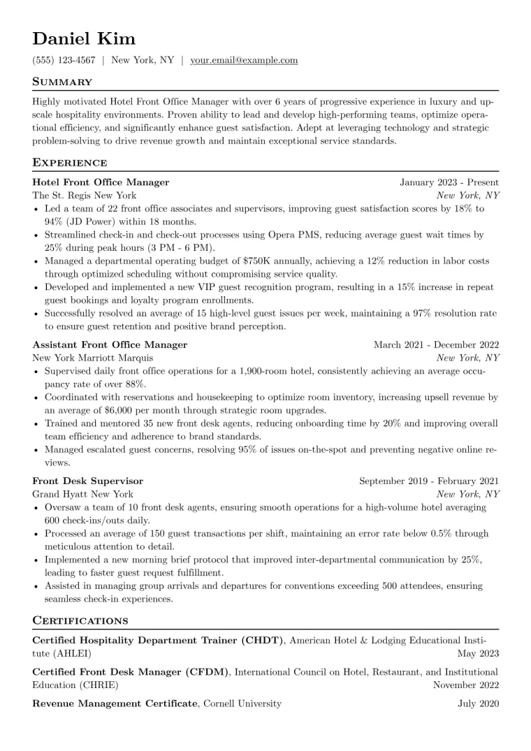 Hotel Front Office Manager Resume Example CV template preview