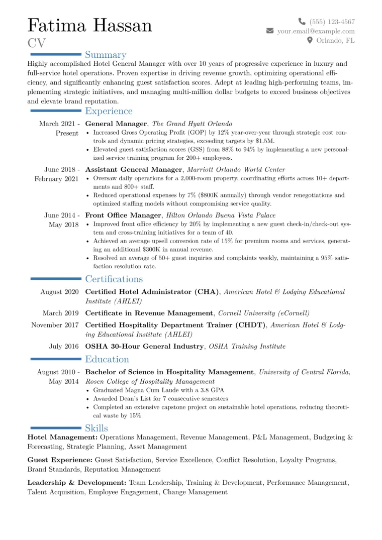 Hotel General Manager Resume Example CV template preview