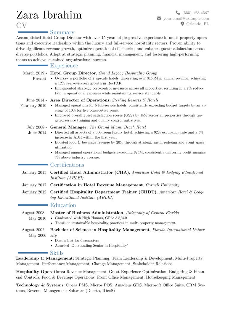 Hotel Group Director Resume Example CV template preview