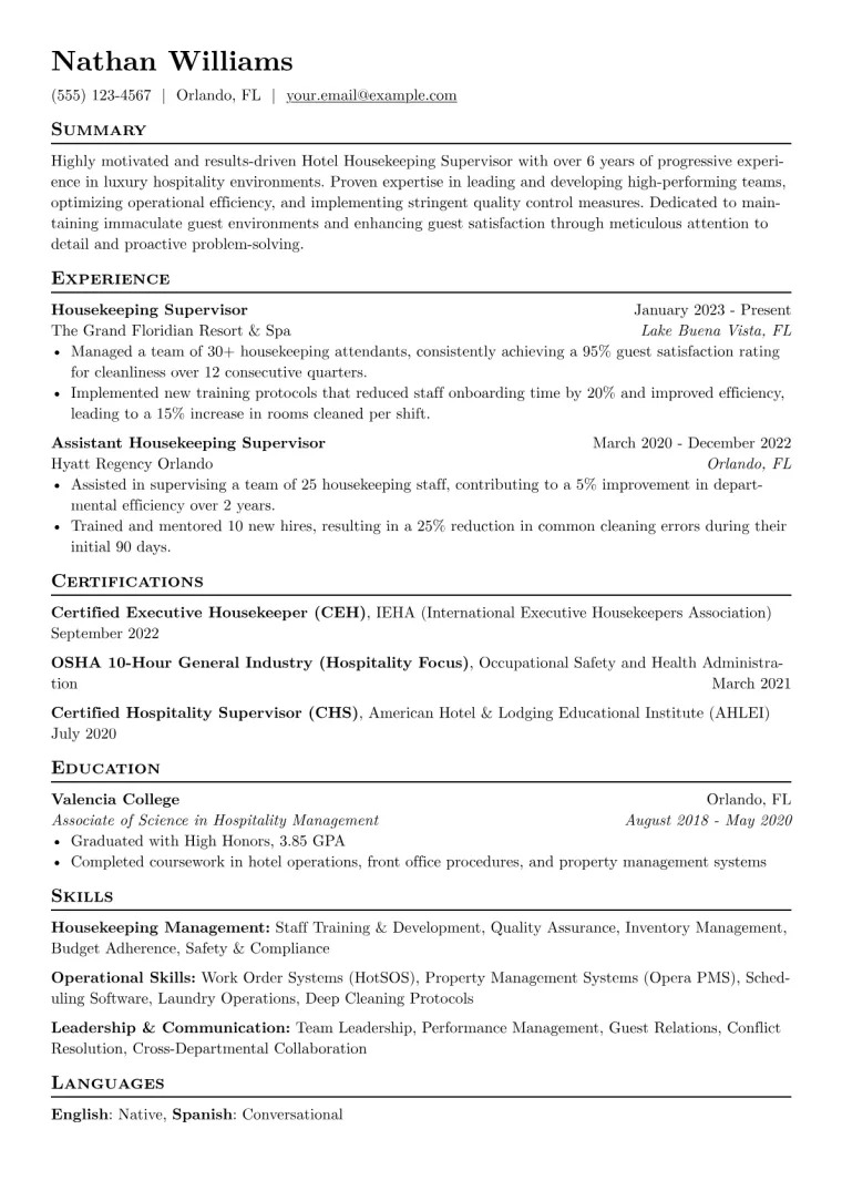 Hotel Housekeeping Supervisor Resume Example CV template preview