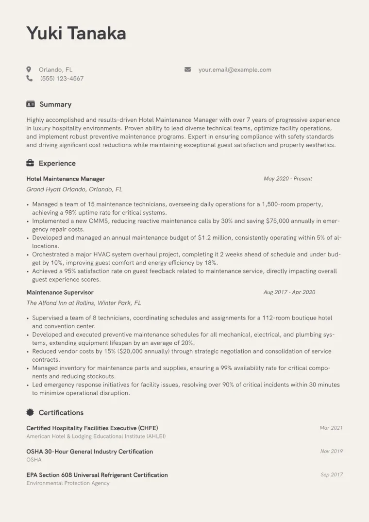 Hotel Maintenance Manager Resume Example CV template preview