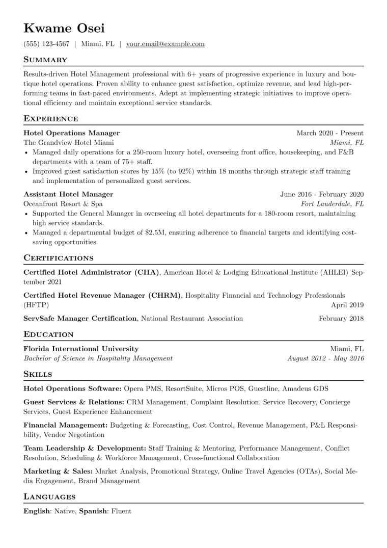 Hotel Management Resume Example CV template preview