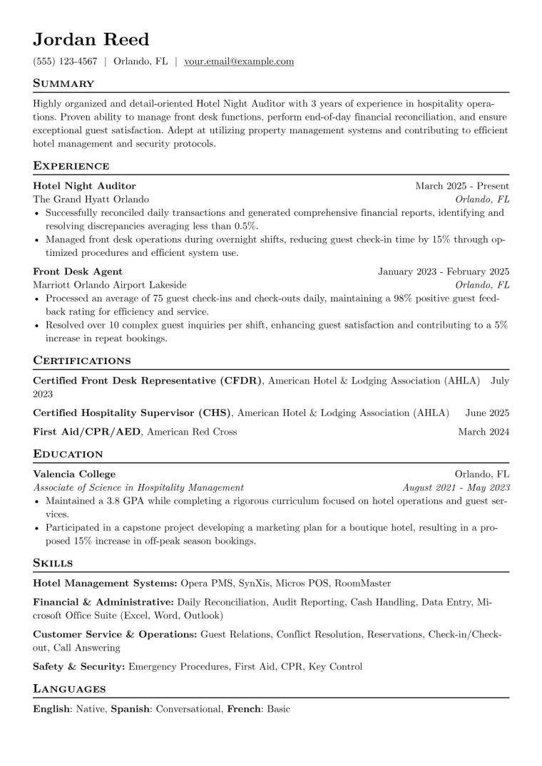 Hotel Night Auditor Resume Example CV template preview