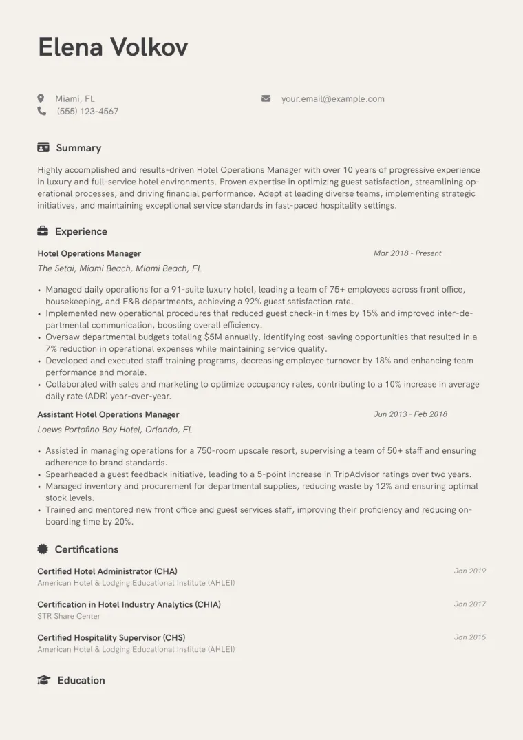 Hotel Operations Manager Resume Example CV template preview