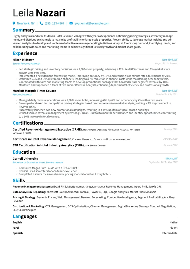 Hotel Revenue Manager Resume Example CV template preview