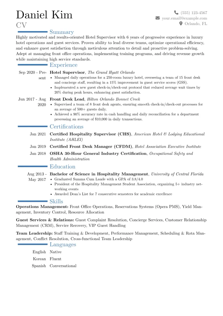 Hotel Supervisor Resume Example CV template preview