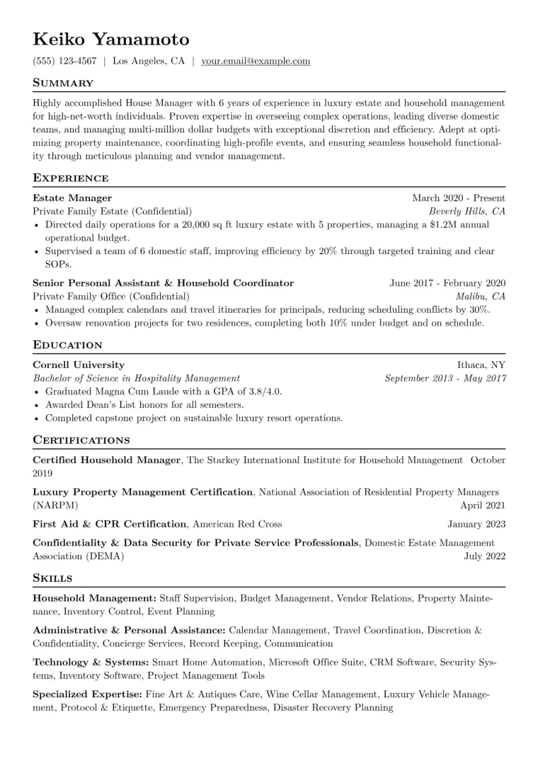 House Manager Resume Example CV template preview