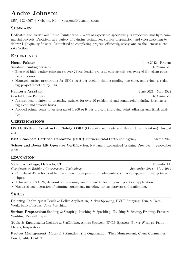 House Painter Resume Example CV template preview