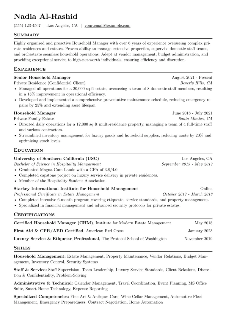 Household Manager Resume Example CV template preview