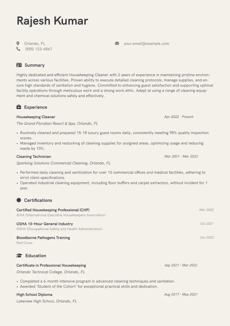 Housekeeping Cleaner Resume Example CV template preview