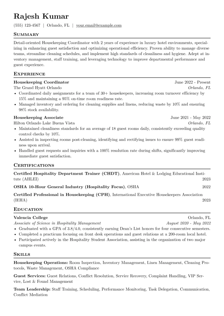 Housekeeping Coordinator Resume Example CV template preview