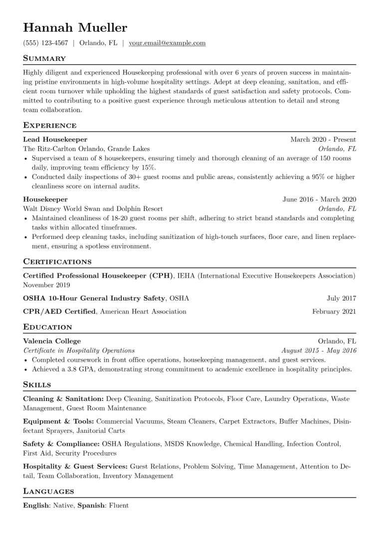 Housekeeping Resume Example CV template preview
